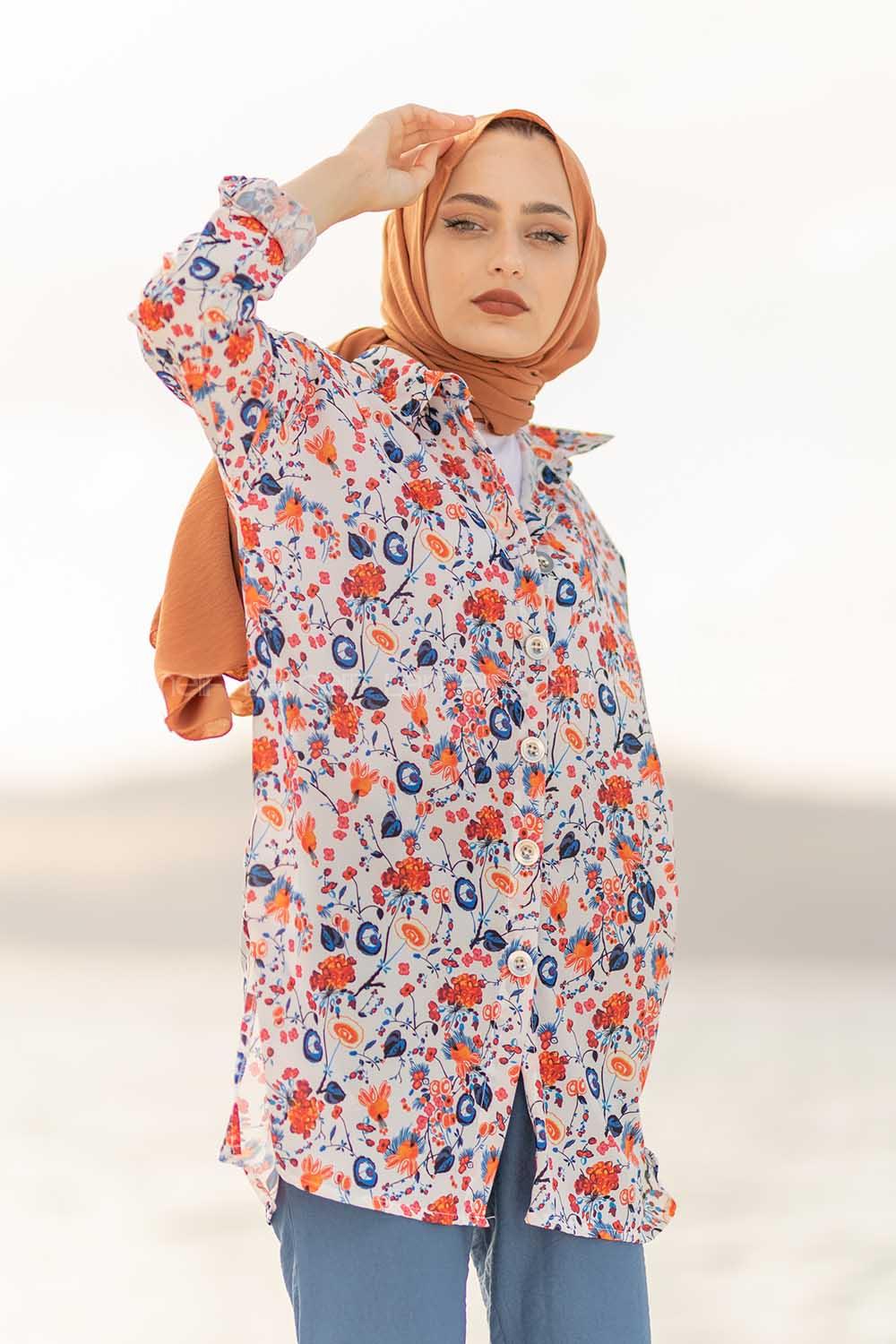 Modalamelif  Çiçek Desen Gömlek Ekru Mavi