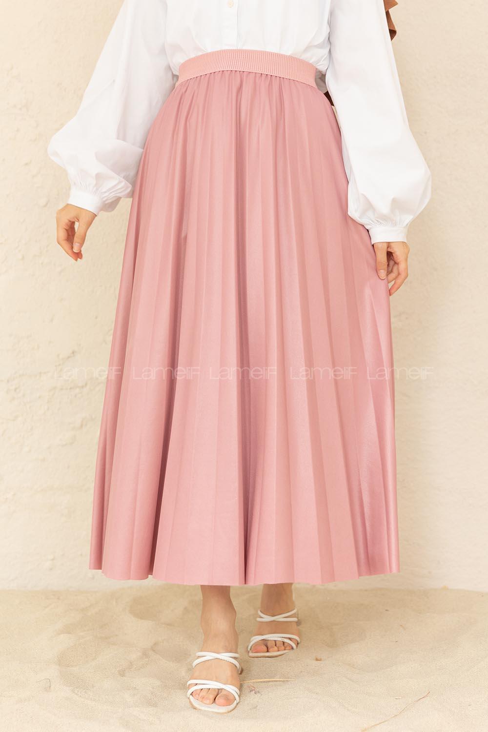 Modalamelif Deri Görünümlü Laklı Etek Pudra