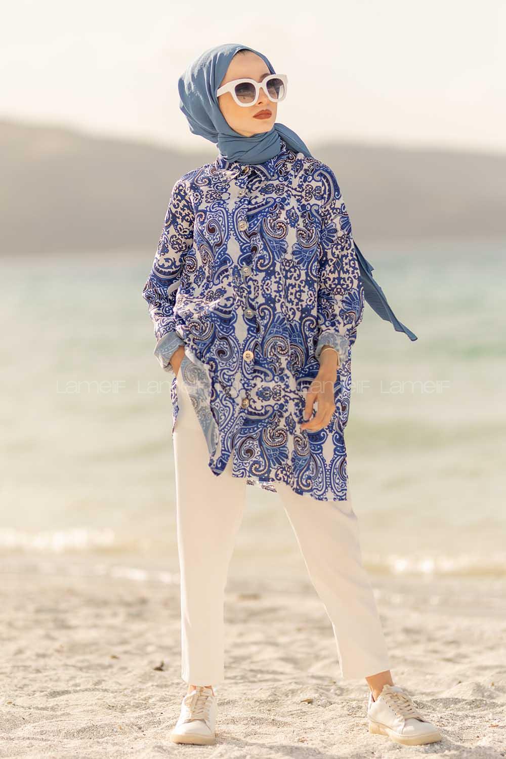 Modalamelif  Etnik Desen Gömlek Mavi Ekru