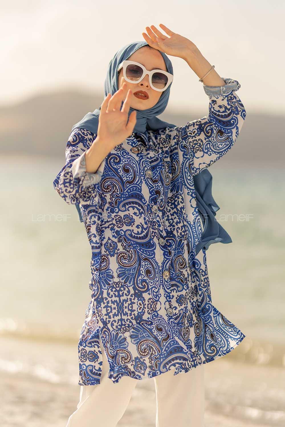 Modalamelif  Etnik Desen Gömlek Mavi Ekru