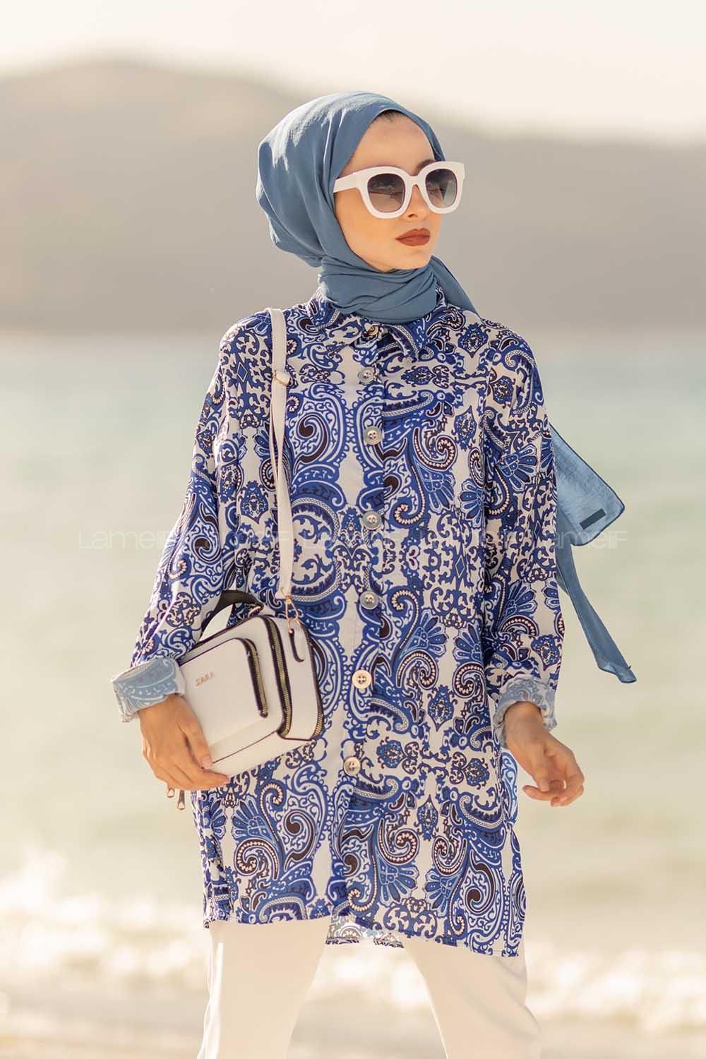 Modalamelif  Etnik Desen Gömlek Mavi Ekru