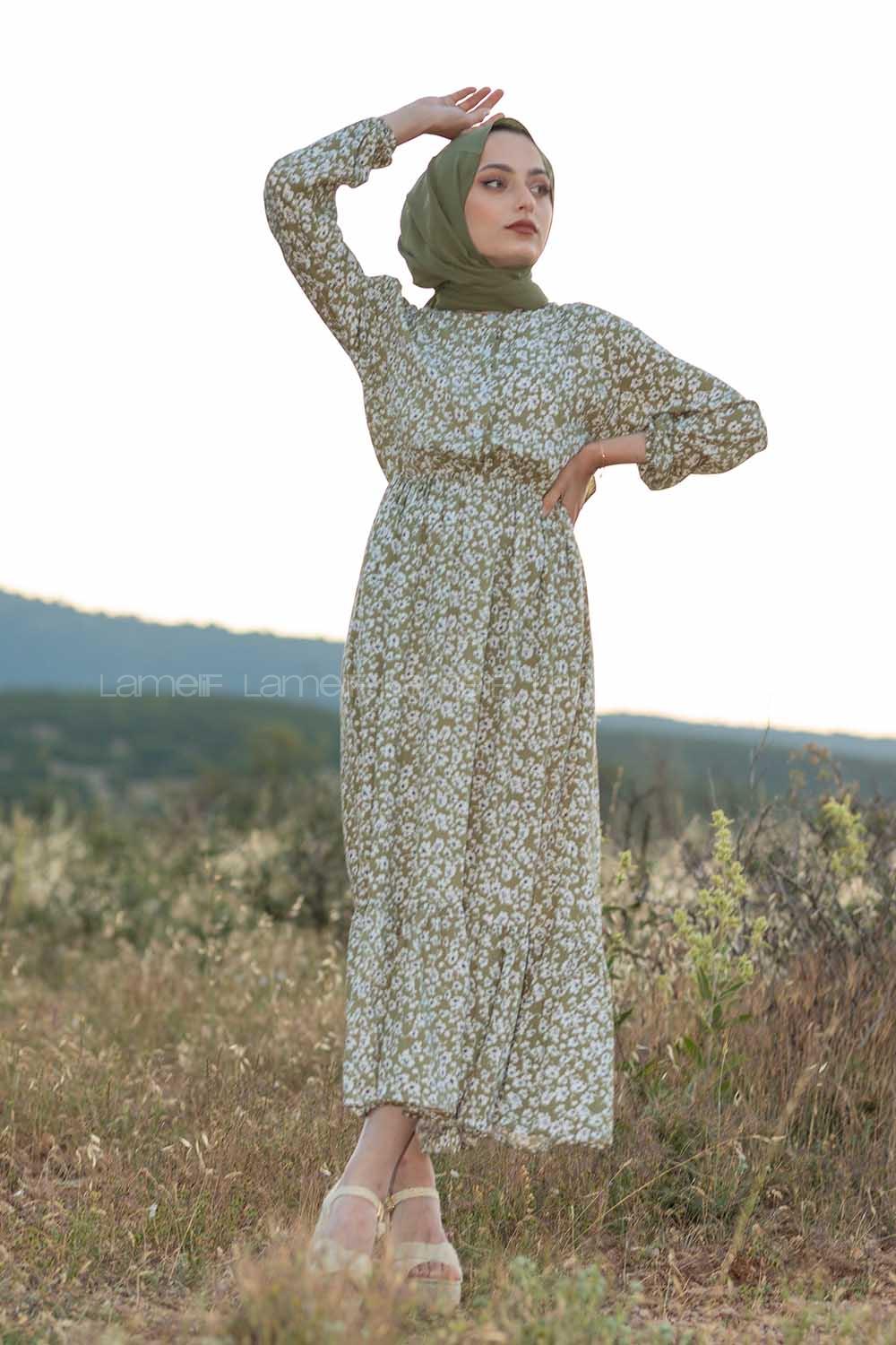 Modalamelif Papatya Desen Elbise Fıstık Yeşili