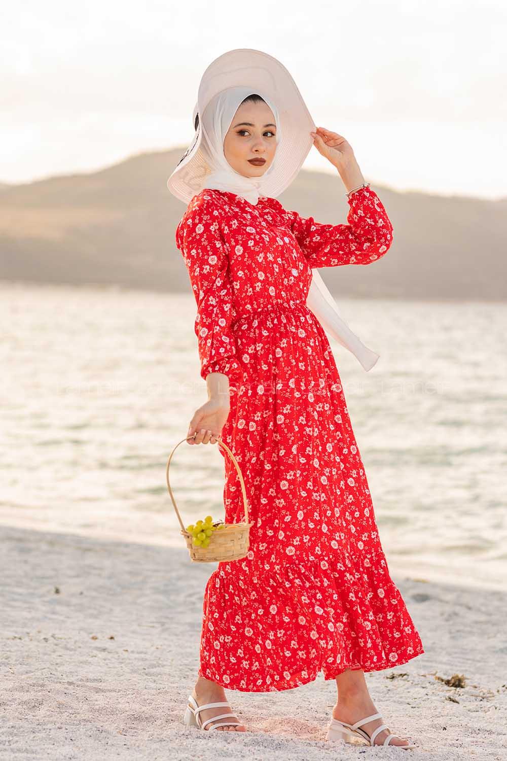 Modalamelif Papatya Desen Elbise Kırmızı