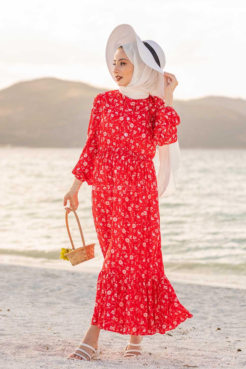 Modalamelif Papatya Desen Elbise Kırmızı