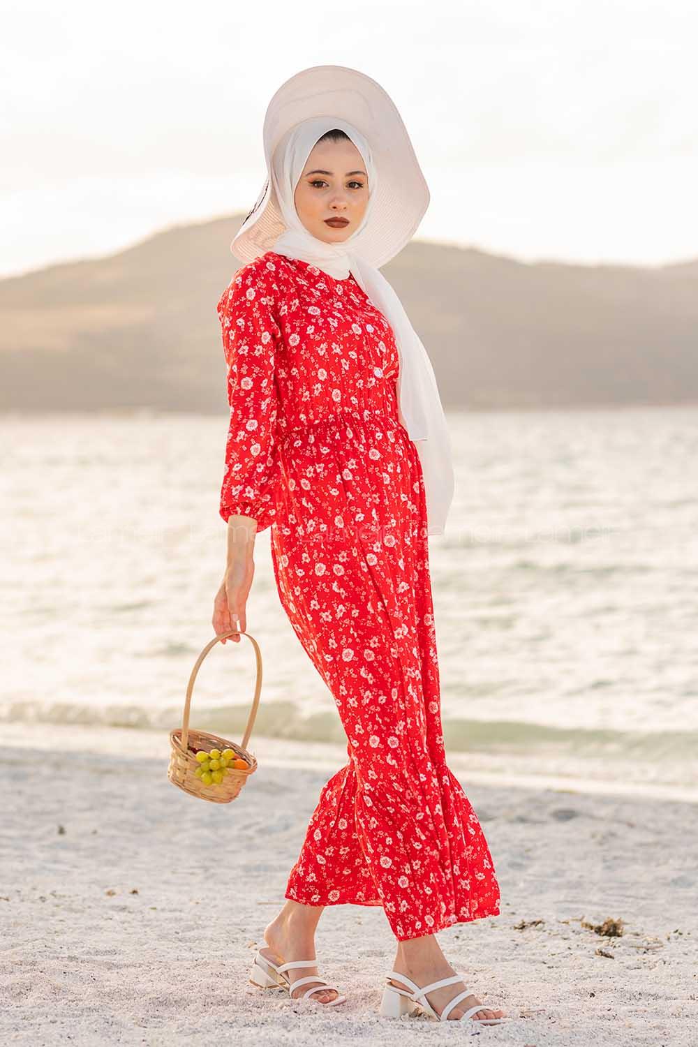 Modalamelif Papatya Desen Elbise Kırmızı