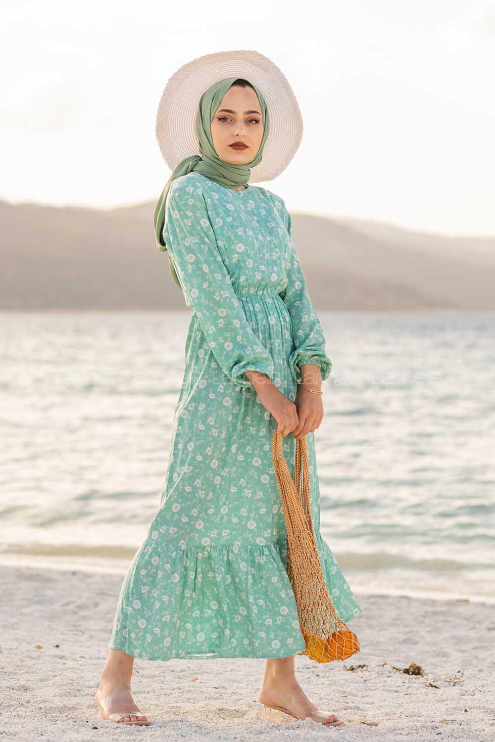 Modalamelif Papatya Desen Elbise Mint Yeşili