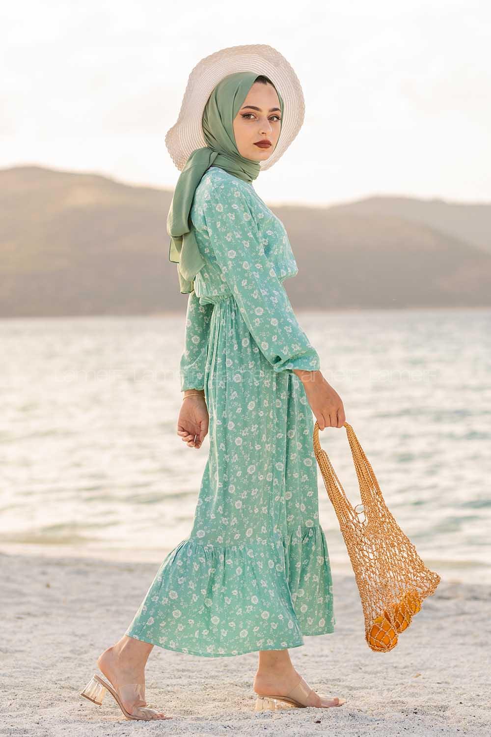 Modalamelif Papatya Desen Elbise Mint Yeşili