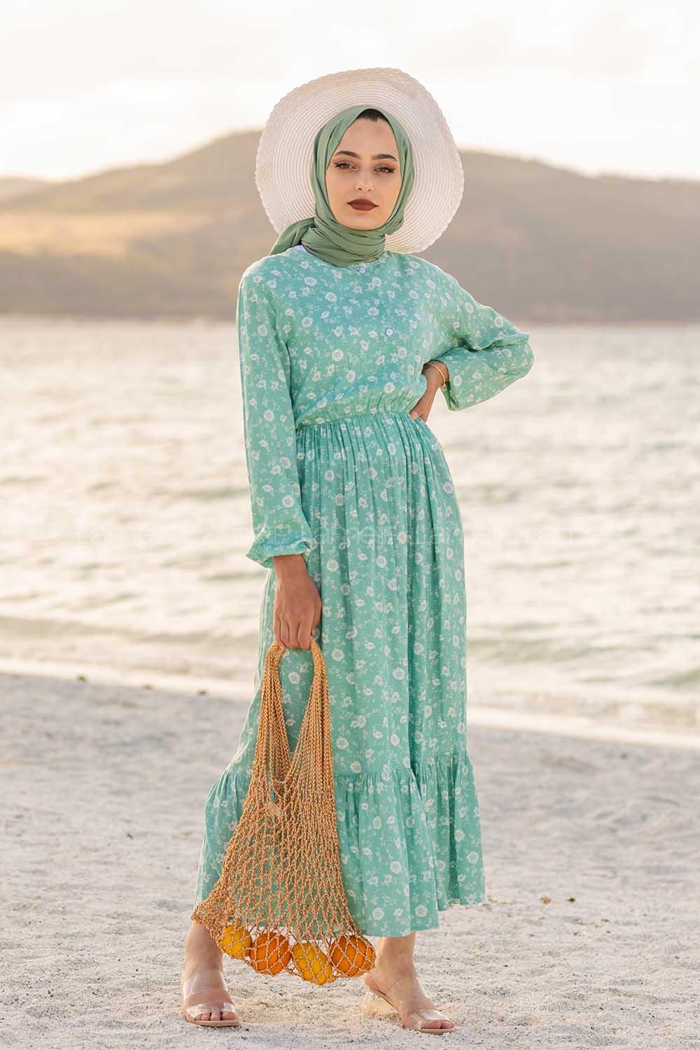 Modalamelif Papatya Desen Elbise Mint Yeşili