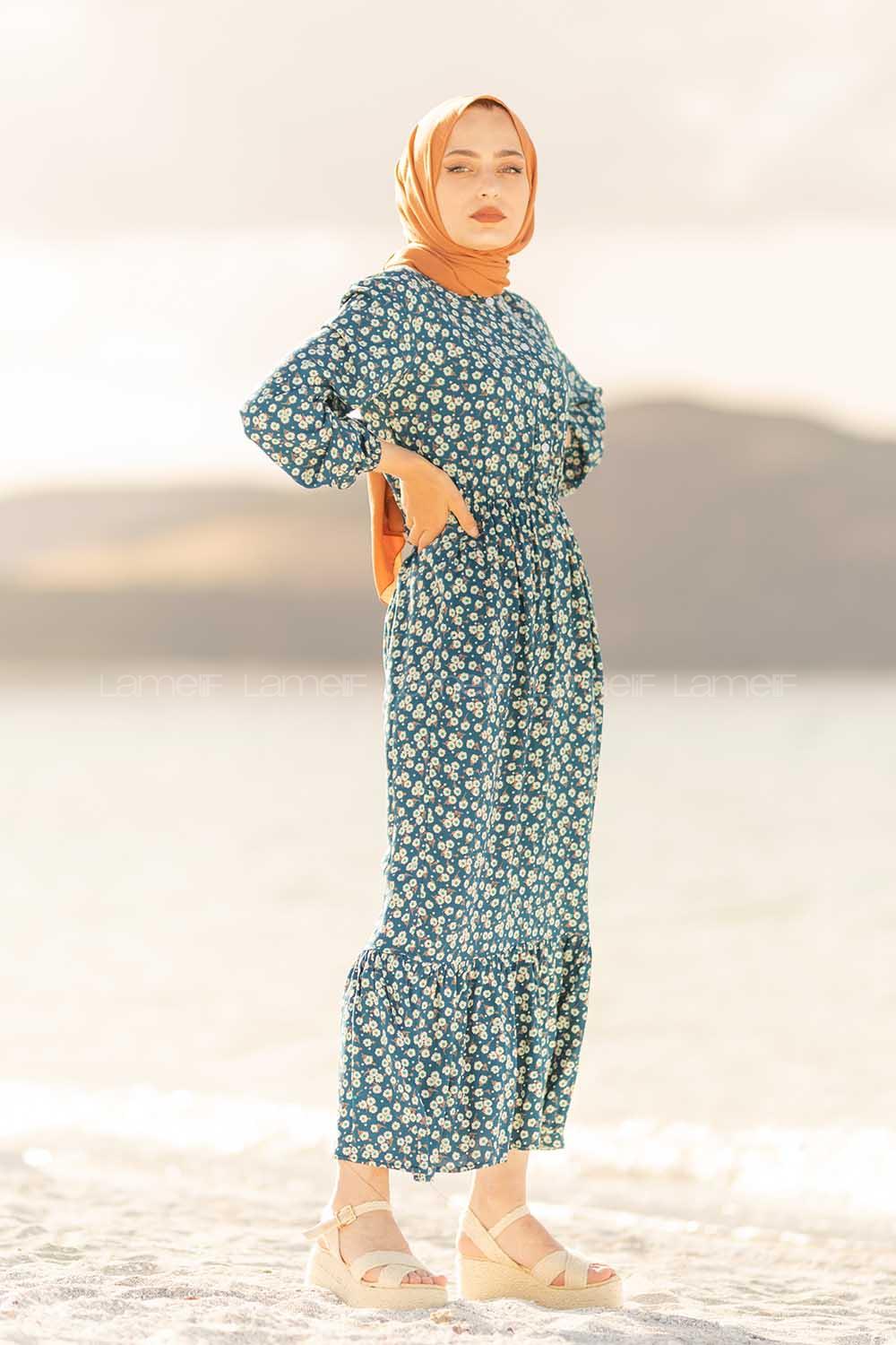 Modalamelif Papatya Desenli  Elbise Petrol Mavisi