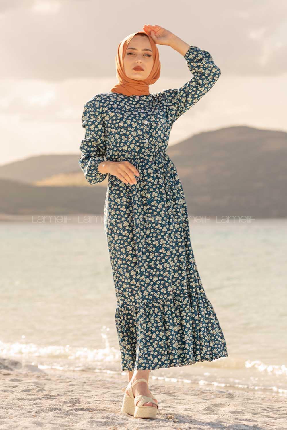 Modalamelif Papatya Desenli  Elbise Petrol Mavisi