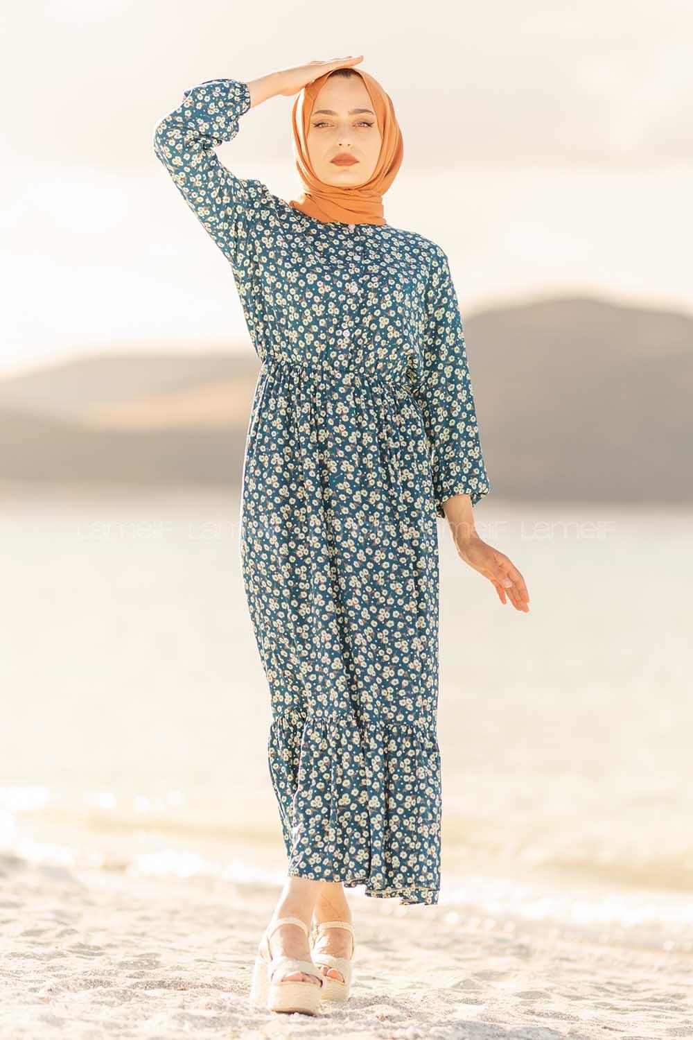 Modalamelif Papatya Desenli  Elbise Petrol Mavisi