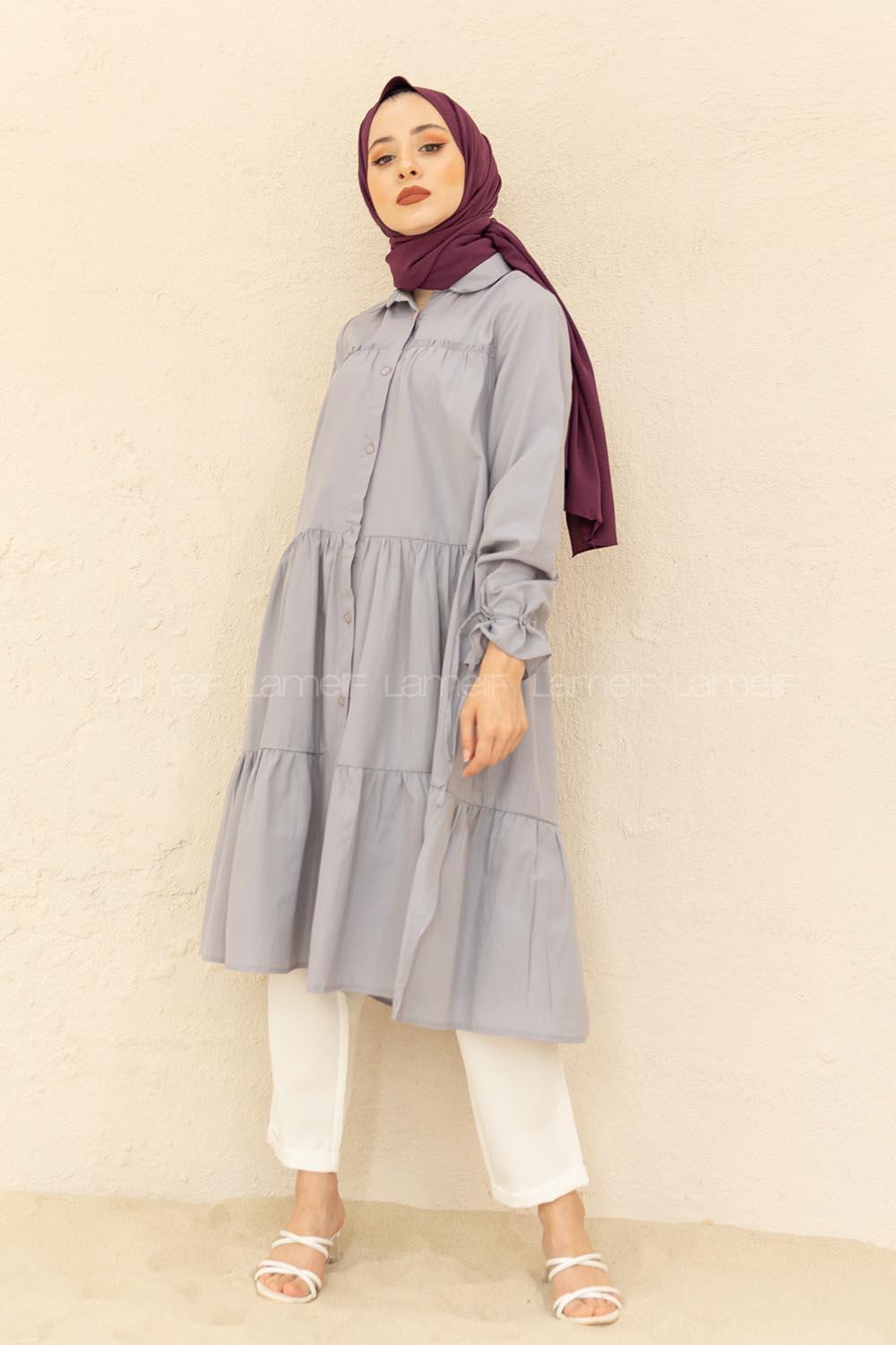 Modalamelif Kol Bağlamalı Fırfırlı Uzun Tunik Gri