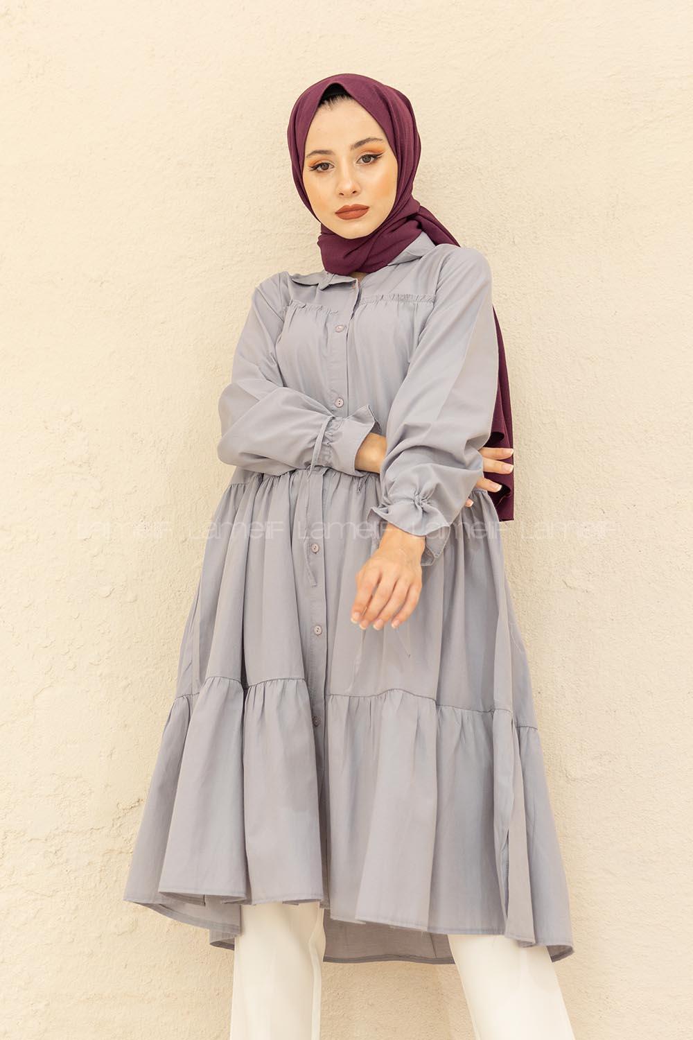 Modalamelif Kol Bağlamalı Fırfırlı Uzun Tunik Gri