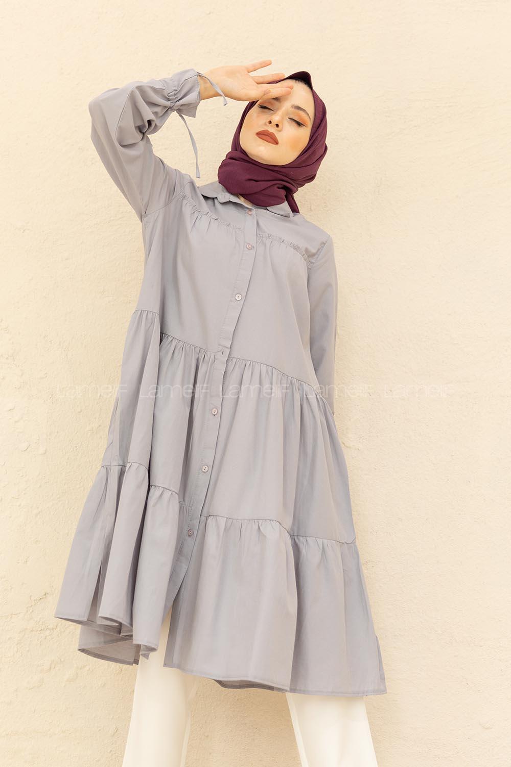 Modalamelif Kol Bağlamalı Fırfırlı Uzun Tunik Gri