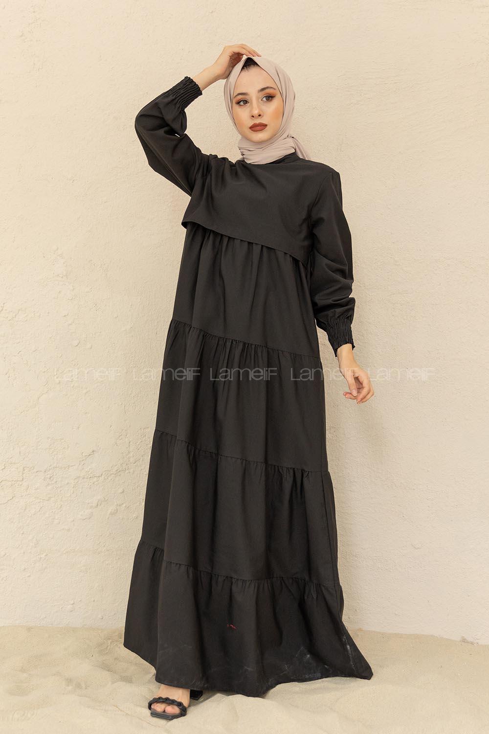 Modalamelif Kol Lastikli Katlı Elbise Siyah
