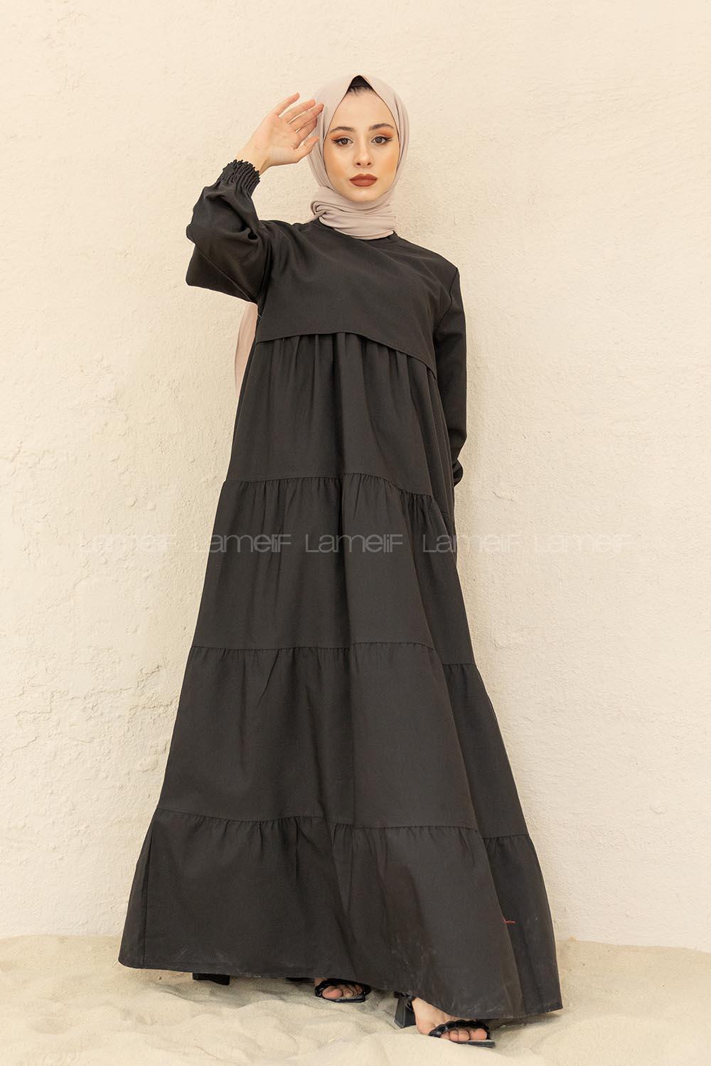 Modalamelif Kol Lastikli Katlı Elbise Siyah