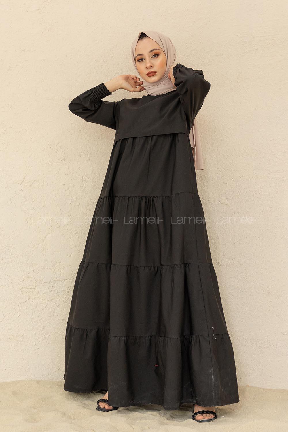 Modalamelif Kol Lastikli Katlı Elbise Siyah