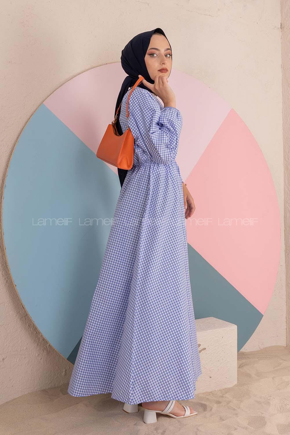 Modalamelif Bel Büzgülü  Pötikare Desen Elbise Mavi