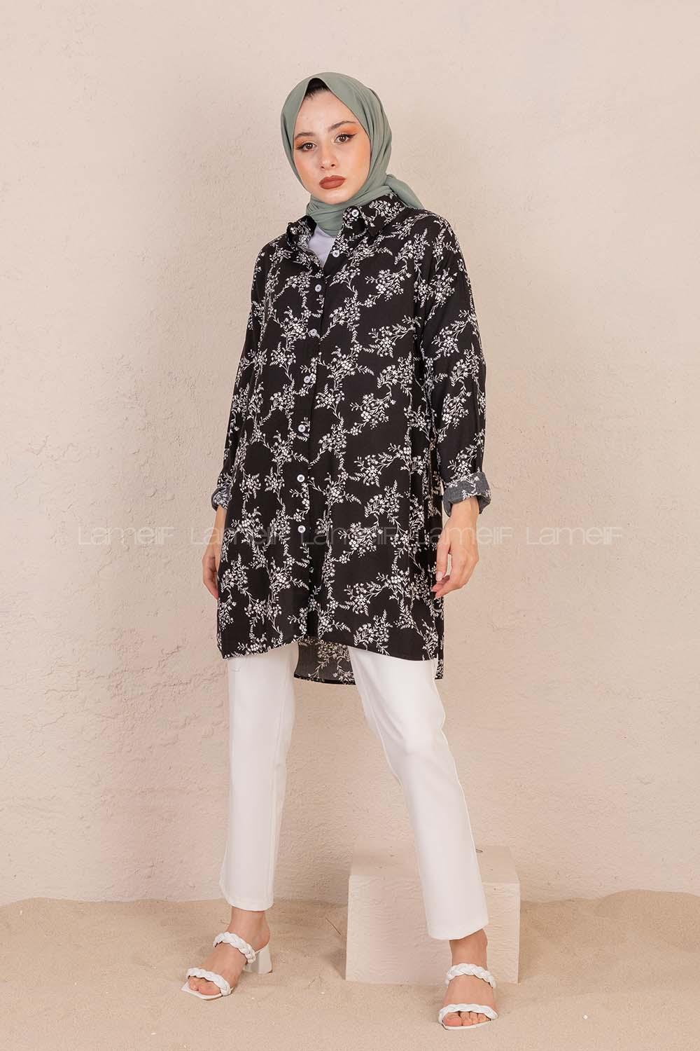 Modalamelif Çiçek Desen Gömlek Siyah