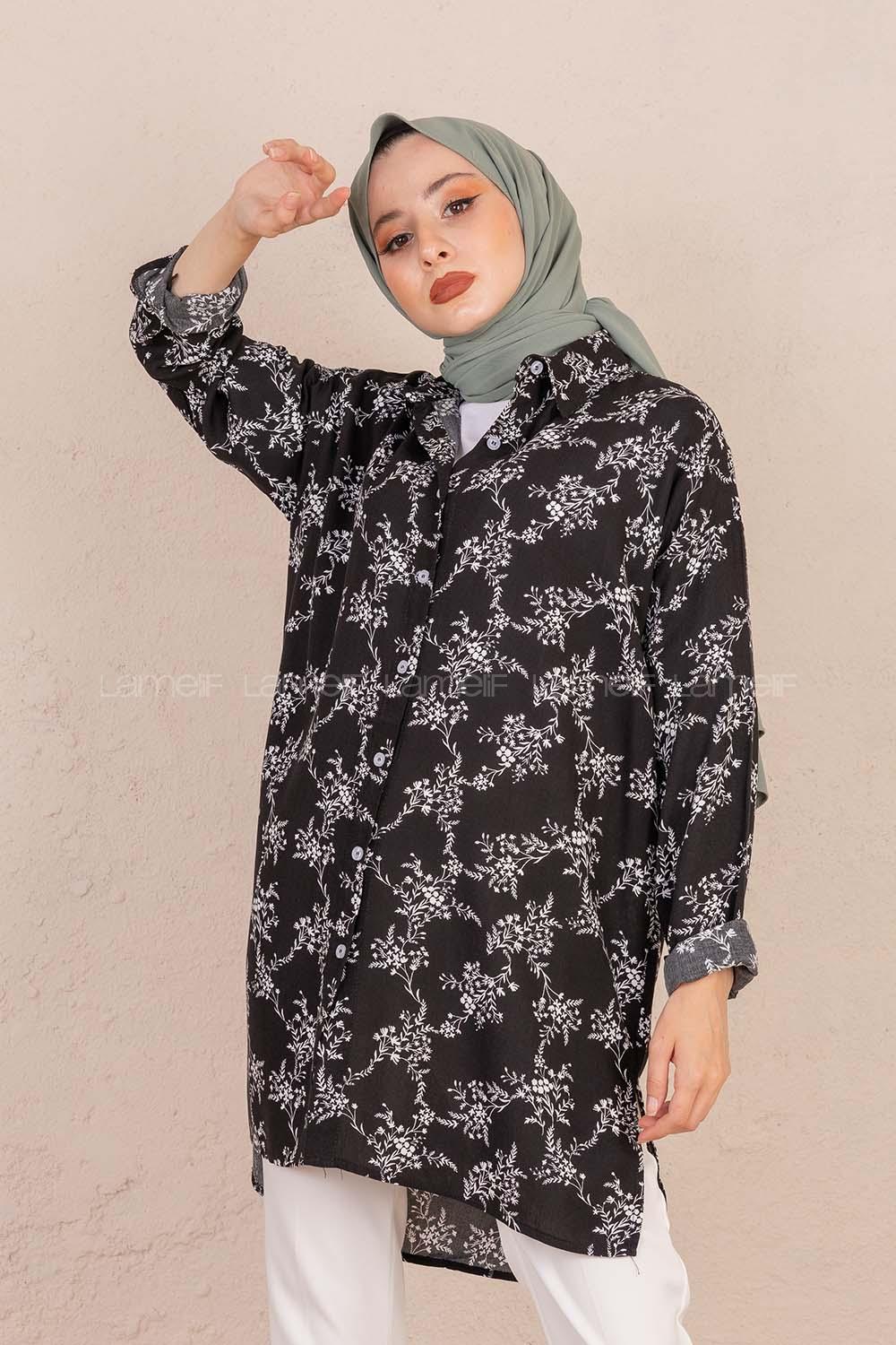 Modalamelif Çiçek Desen Gömlek Siyah
