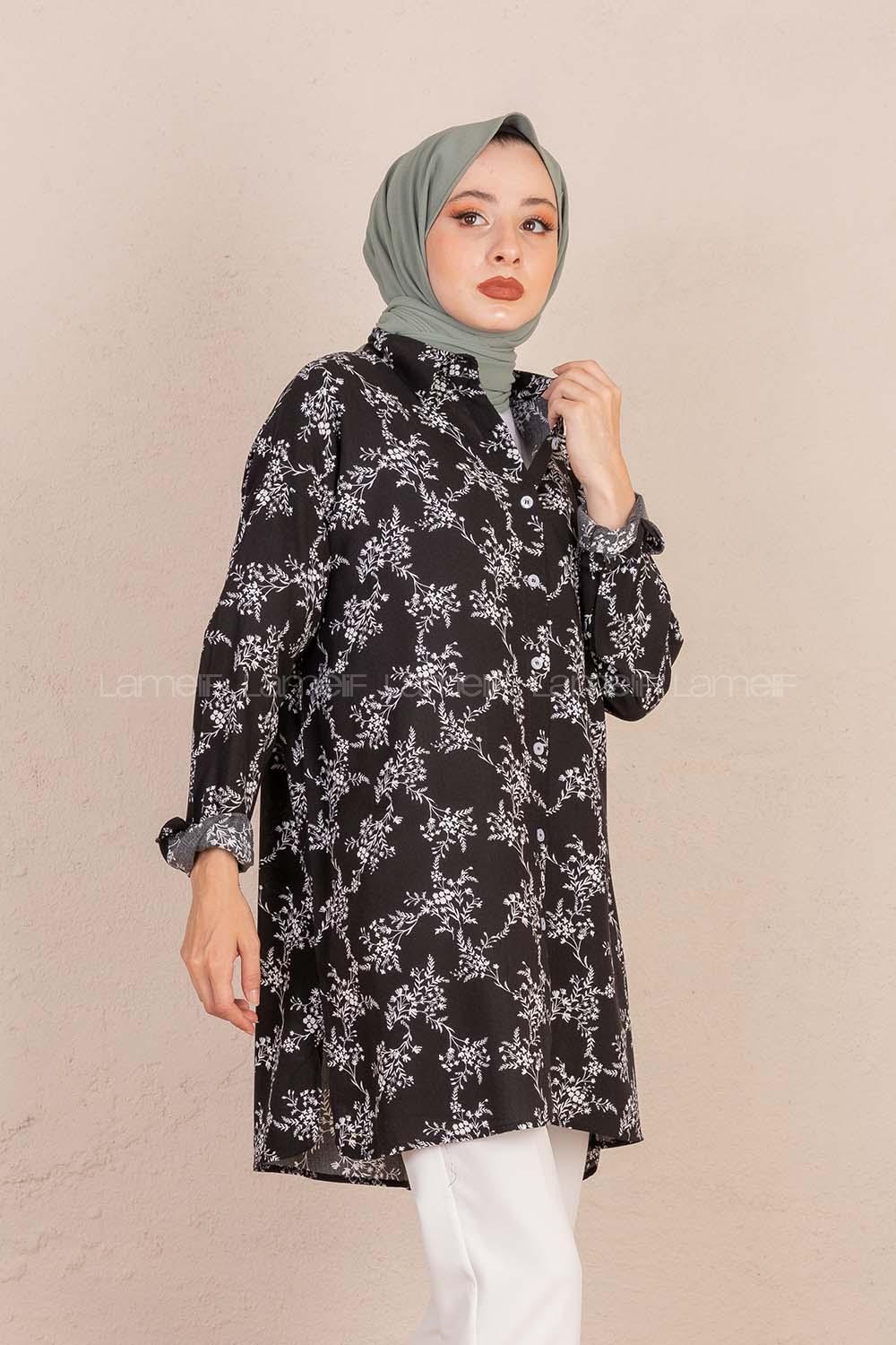 Modalamelif Çiçek Desen Gömlek Siyah