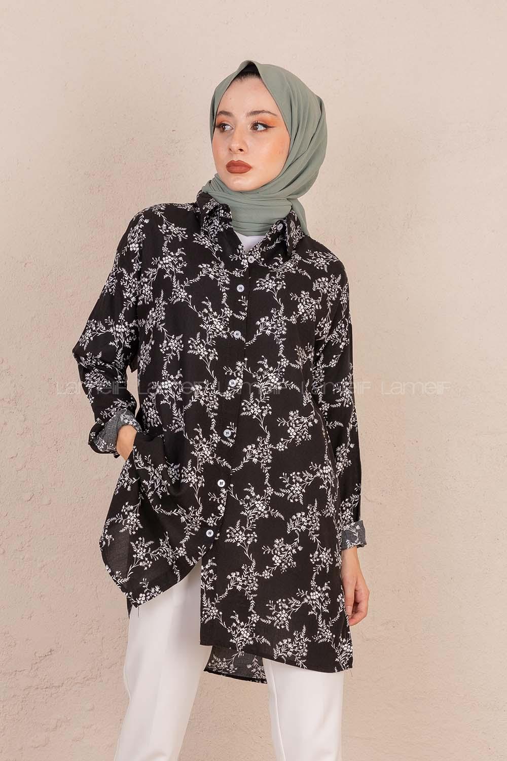 Modalamelif Çiçek Desen Gömlek Siyah