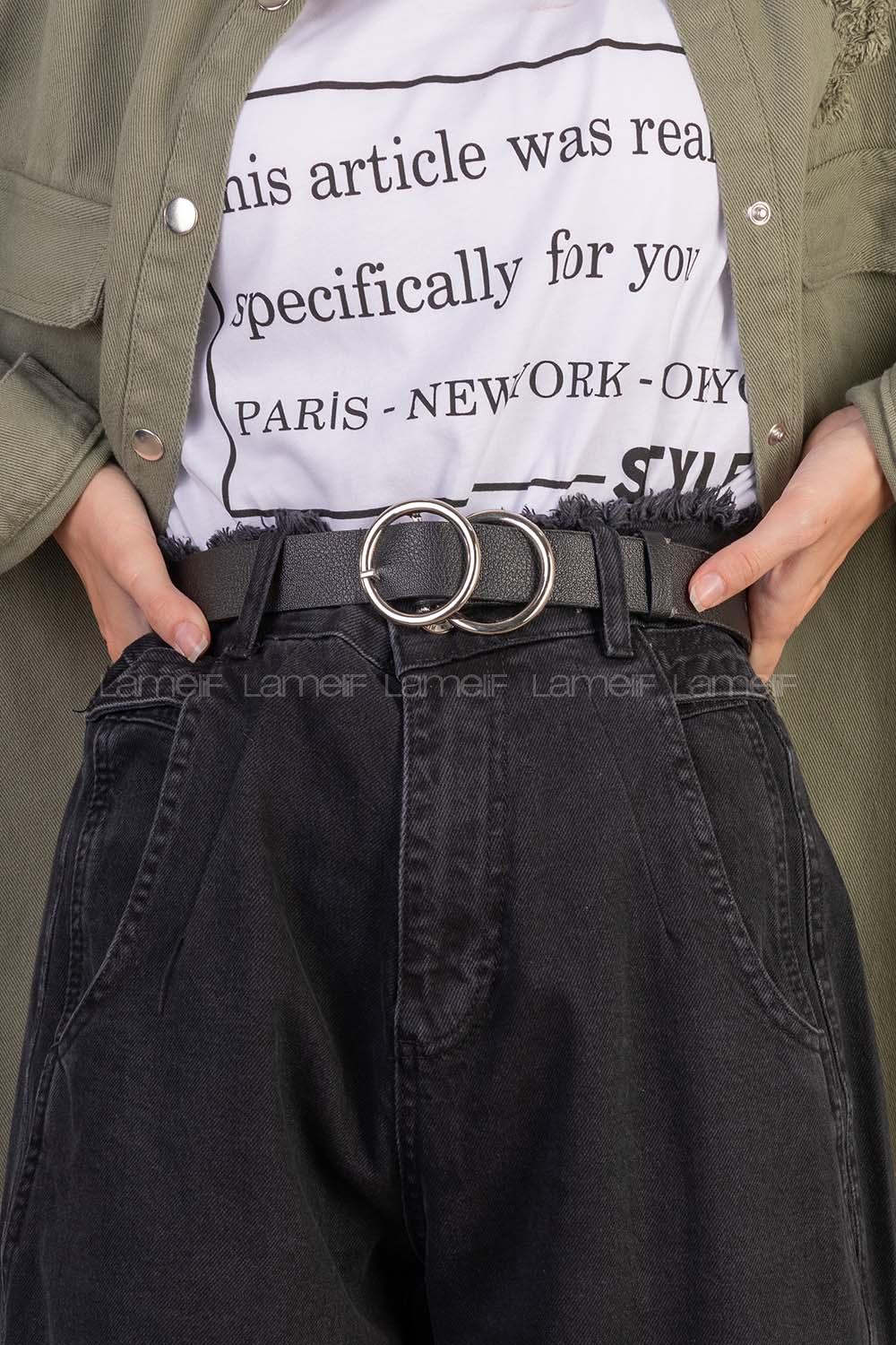 Modalamelif Çift Halka Tokalı Gümüş Kemer Siyah