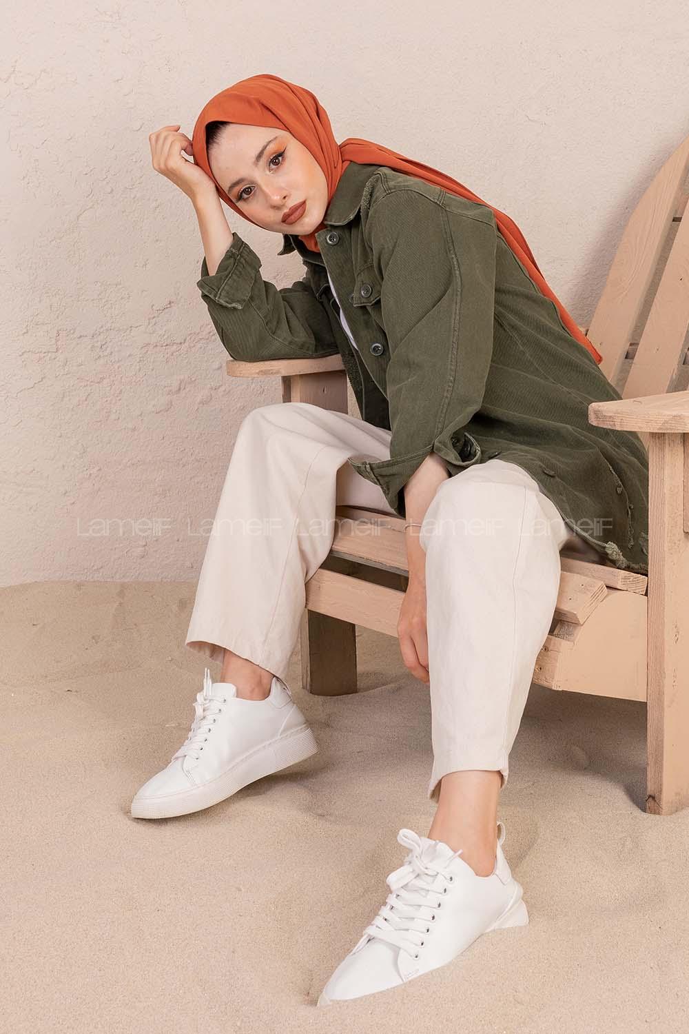 Modalamelif Eteği Püsküllü Kot Ceket Haki