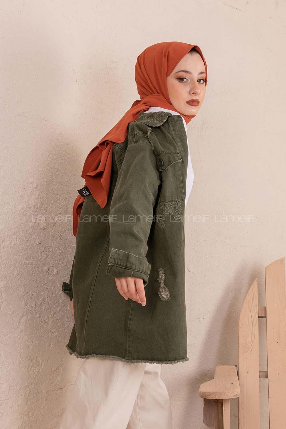 Modalamelif Eteği Püsküllü Kot Ceket Haki
