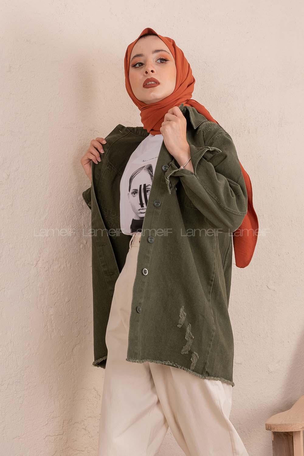 Modalamelif Eteği Püsküllü Kot Ceket Haki