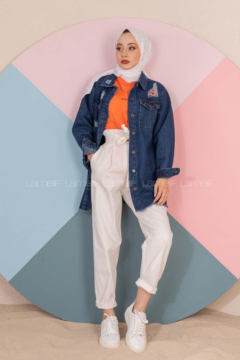 Modalamelif Eteği Püsküllü Kot Ceket Koyu Mavi