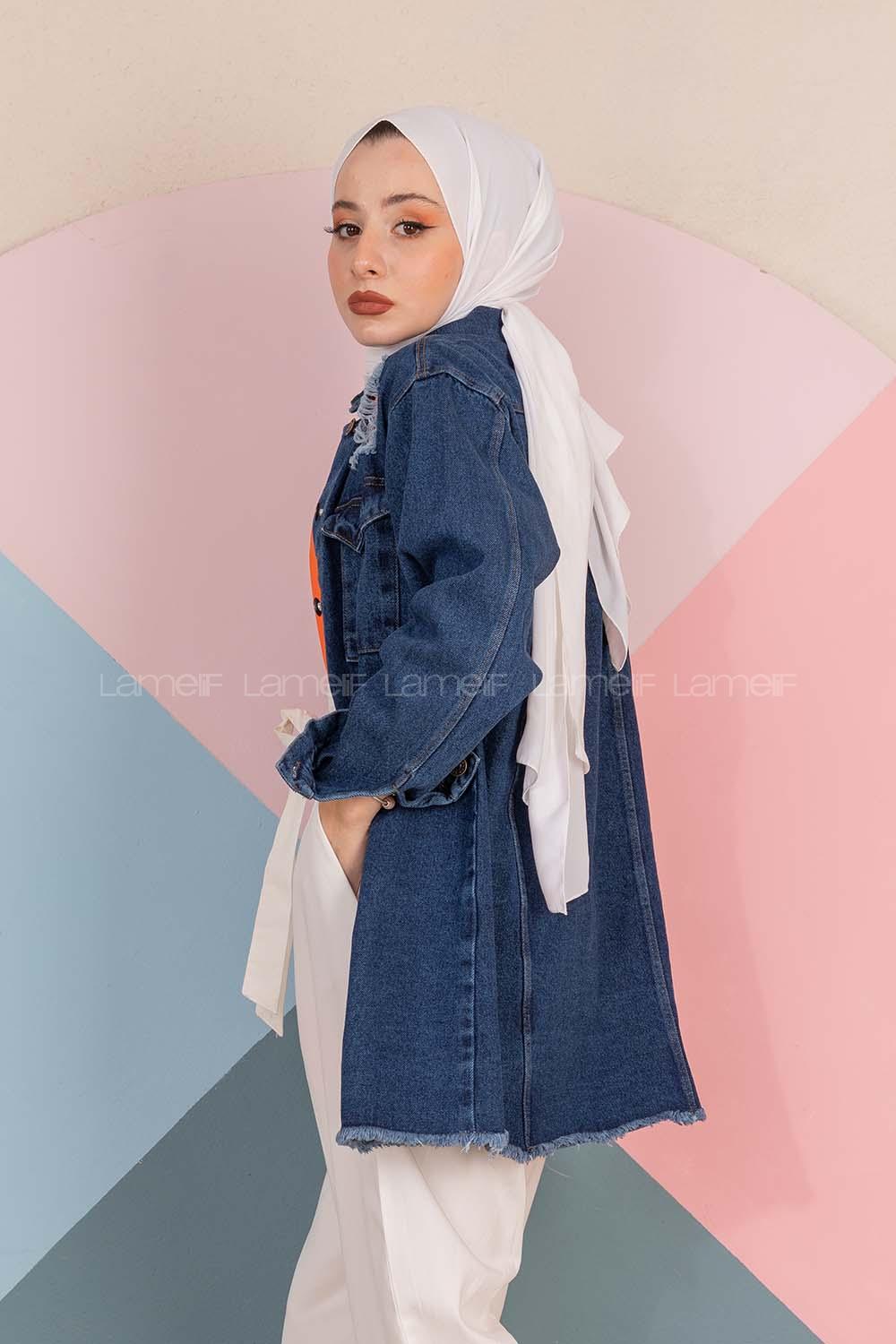 Modalamelif Eteği Püsküllü Kot Ceket Koyu Mavi