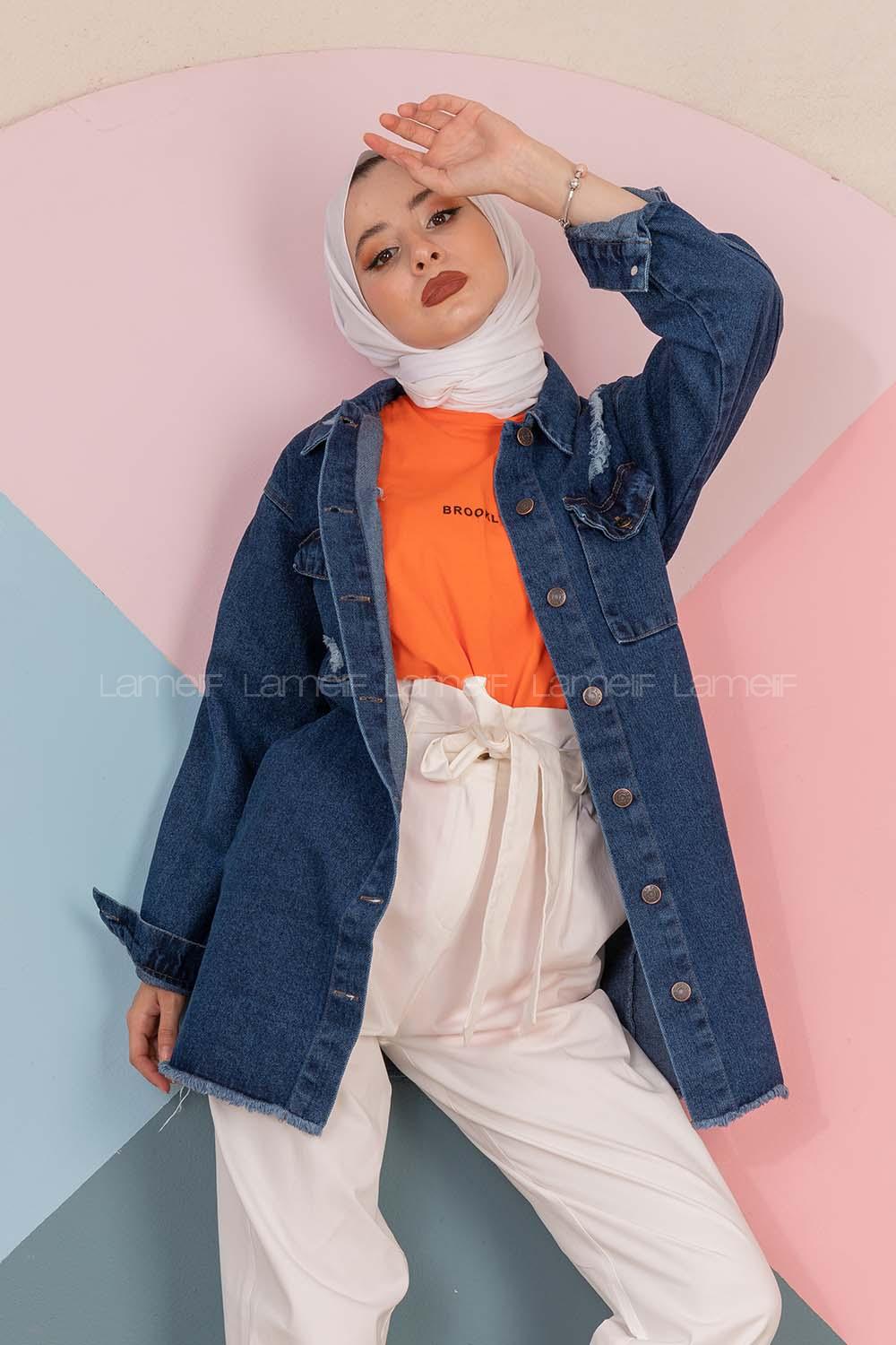 Modalamelif Eteği Püsküllü Kot Ceket Koyu Mavi