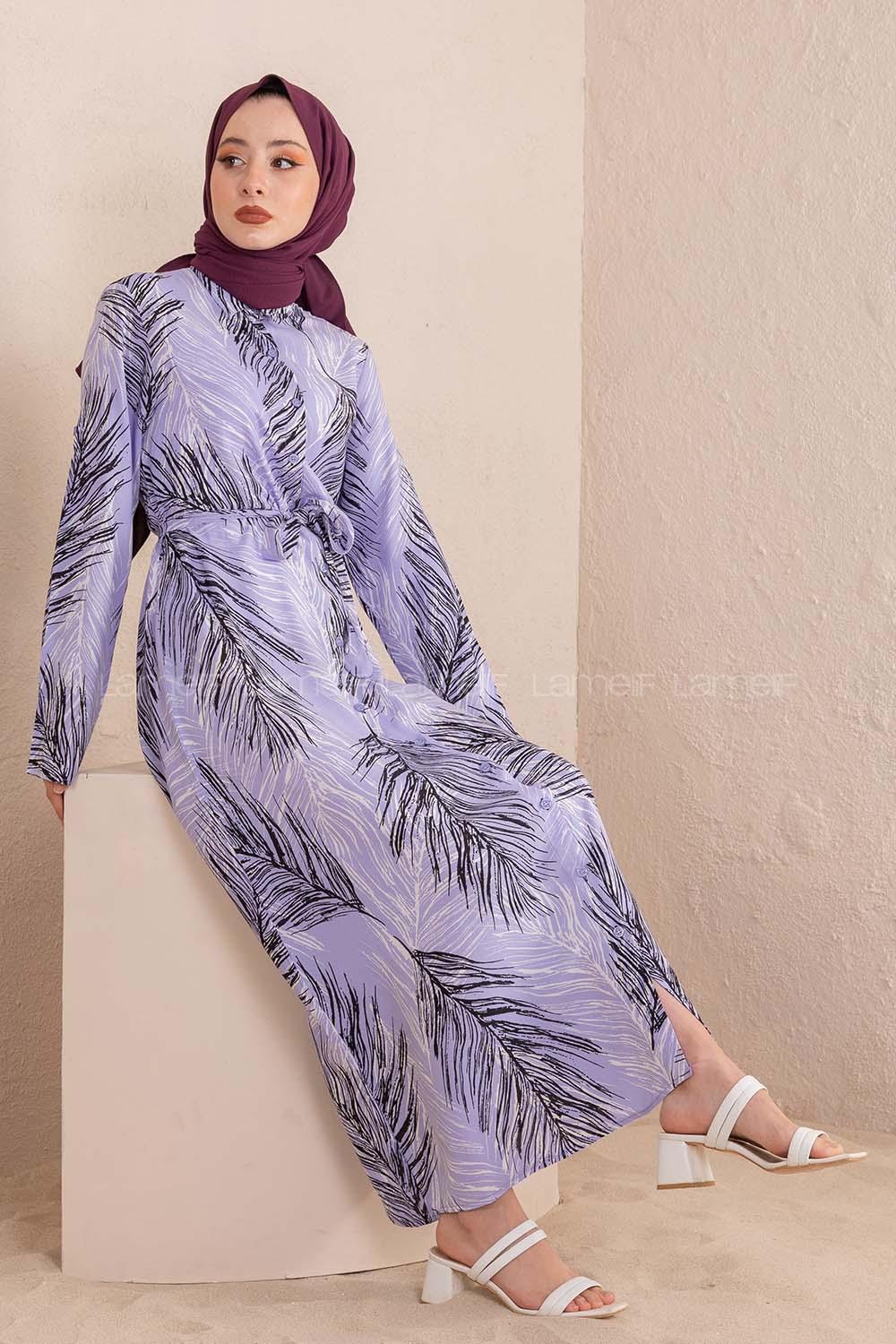 Modalamelif Kuşaklı Yaprak Desen Elbise Lila