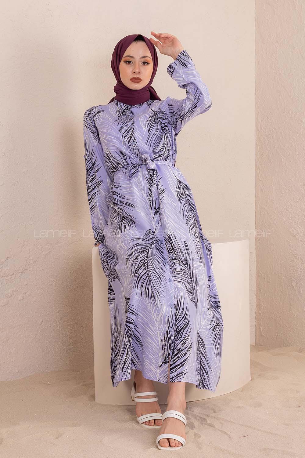 Modalamelif Kuşaklı Yaprak Desen Elbise Lila