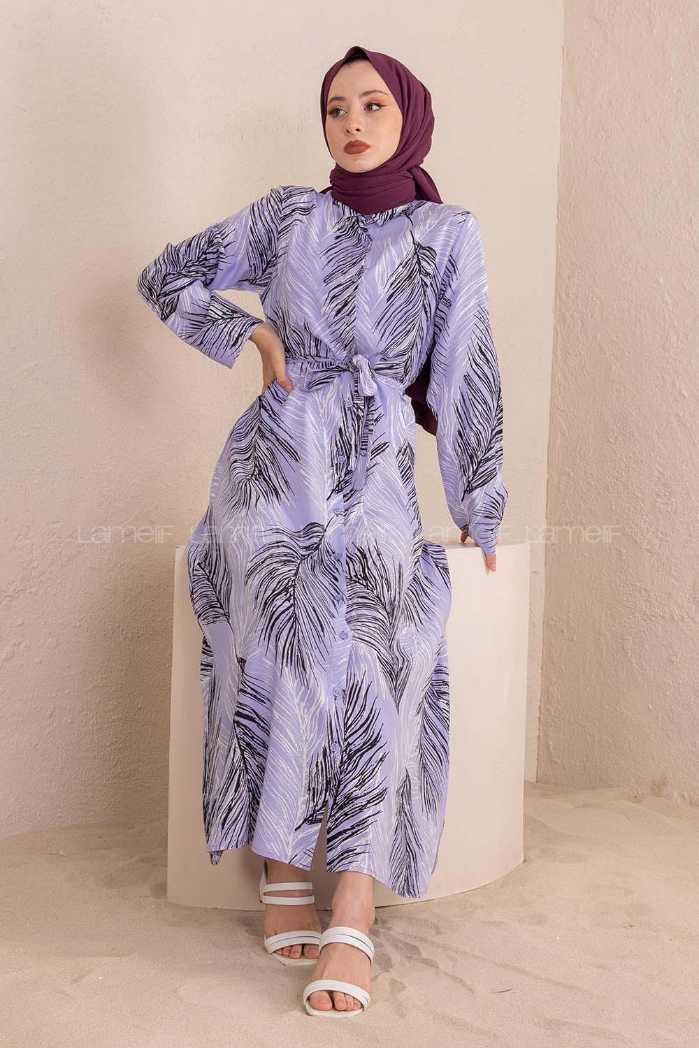 Modalamelif Kuşaklı Yaprak Desen Elbise Lila