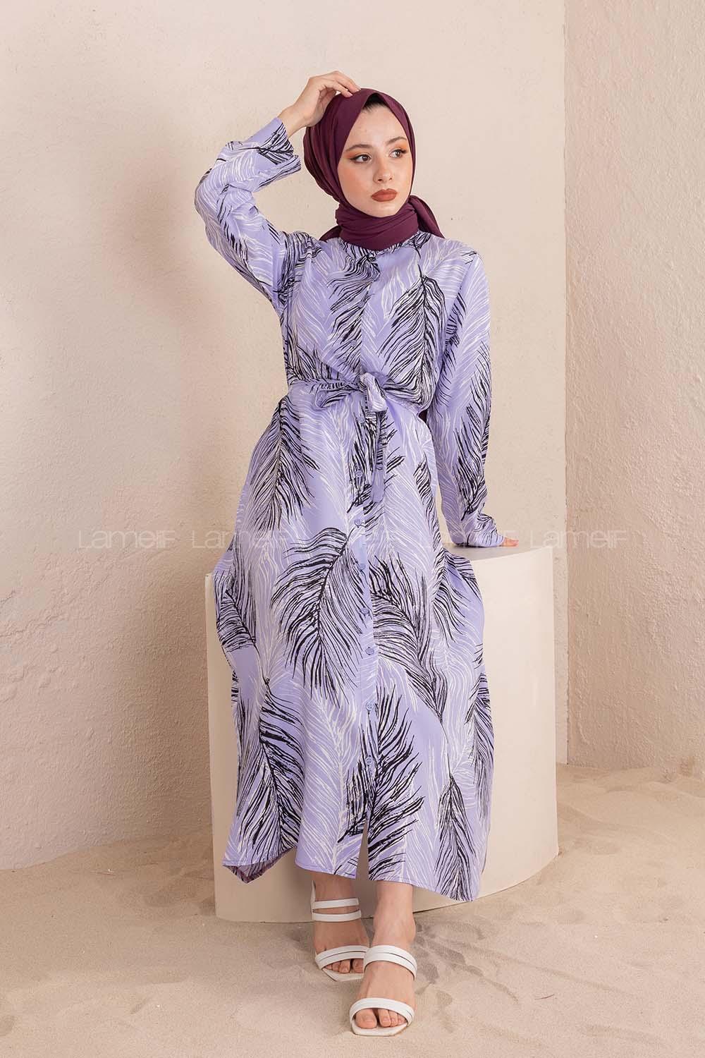 Modalamelif Kuşaklı Yaprak Desen Elbise Lila