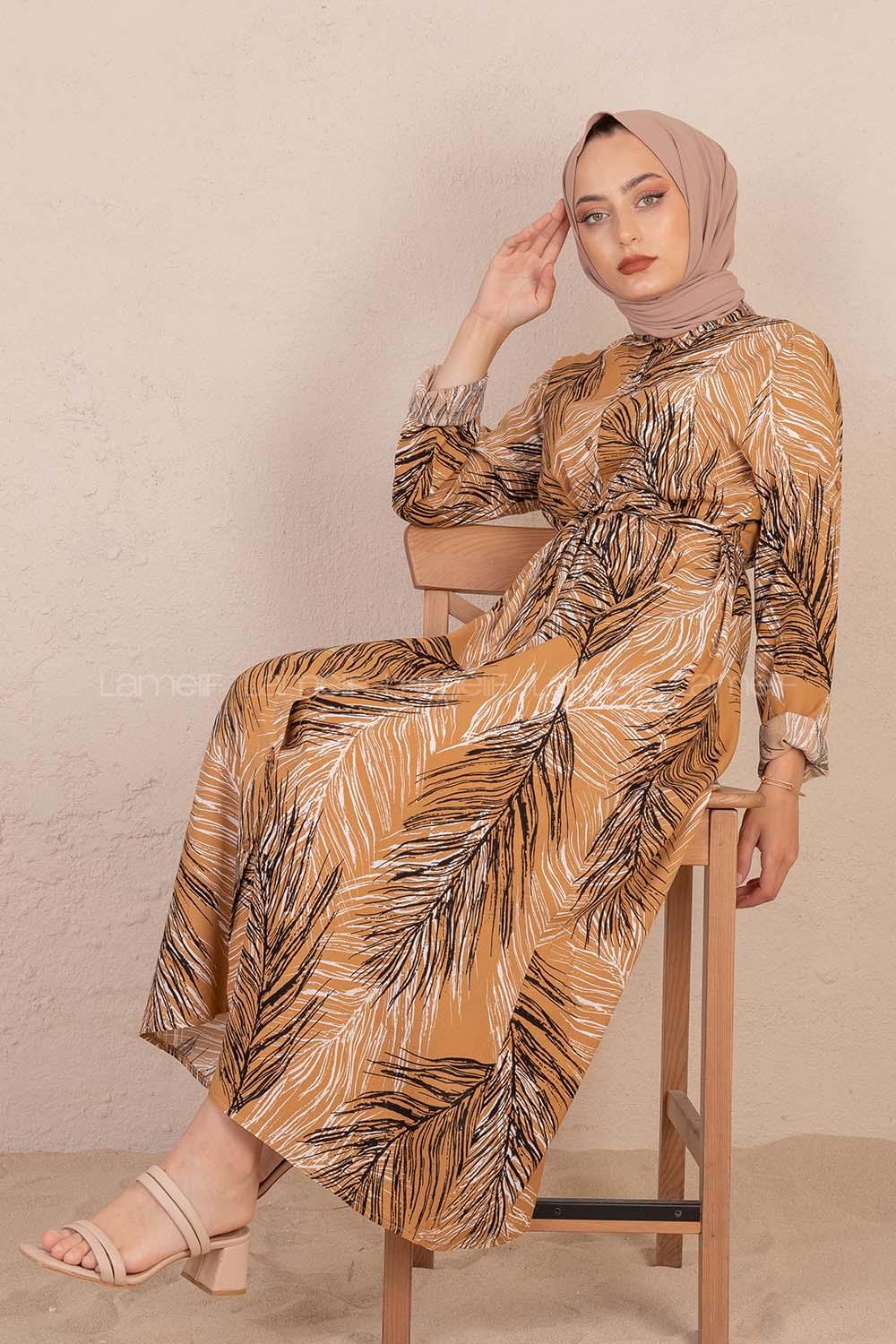 Modalamelif Kuşaklı Yaprak Desen Elbise Sütlü Kahve