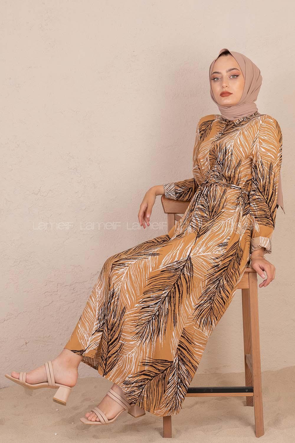 Modalamelif Kuşaklı Yaprak Desen Elbise Sütlü Kahve