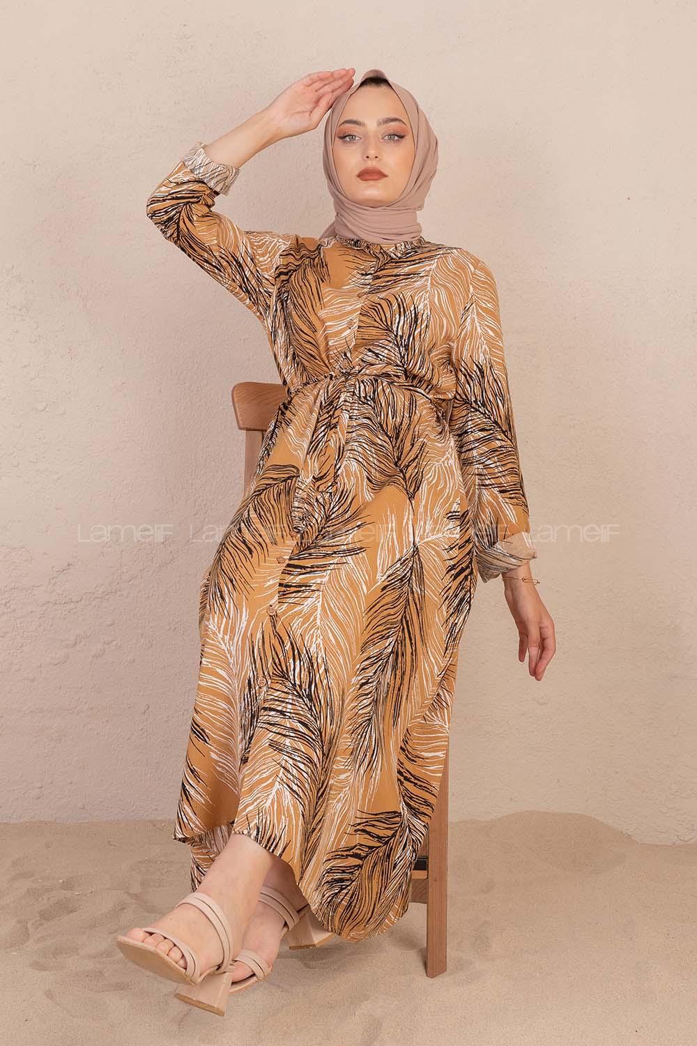 Modalamelif Kuşaklı Yaprak Desen Elbise Sütlü Kahve