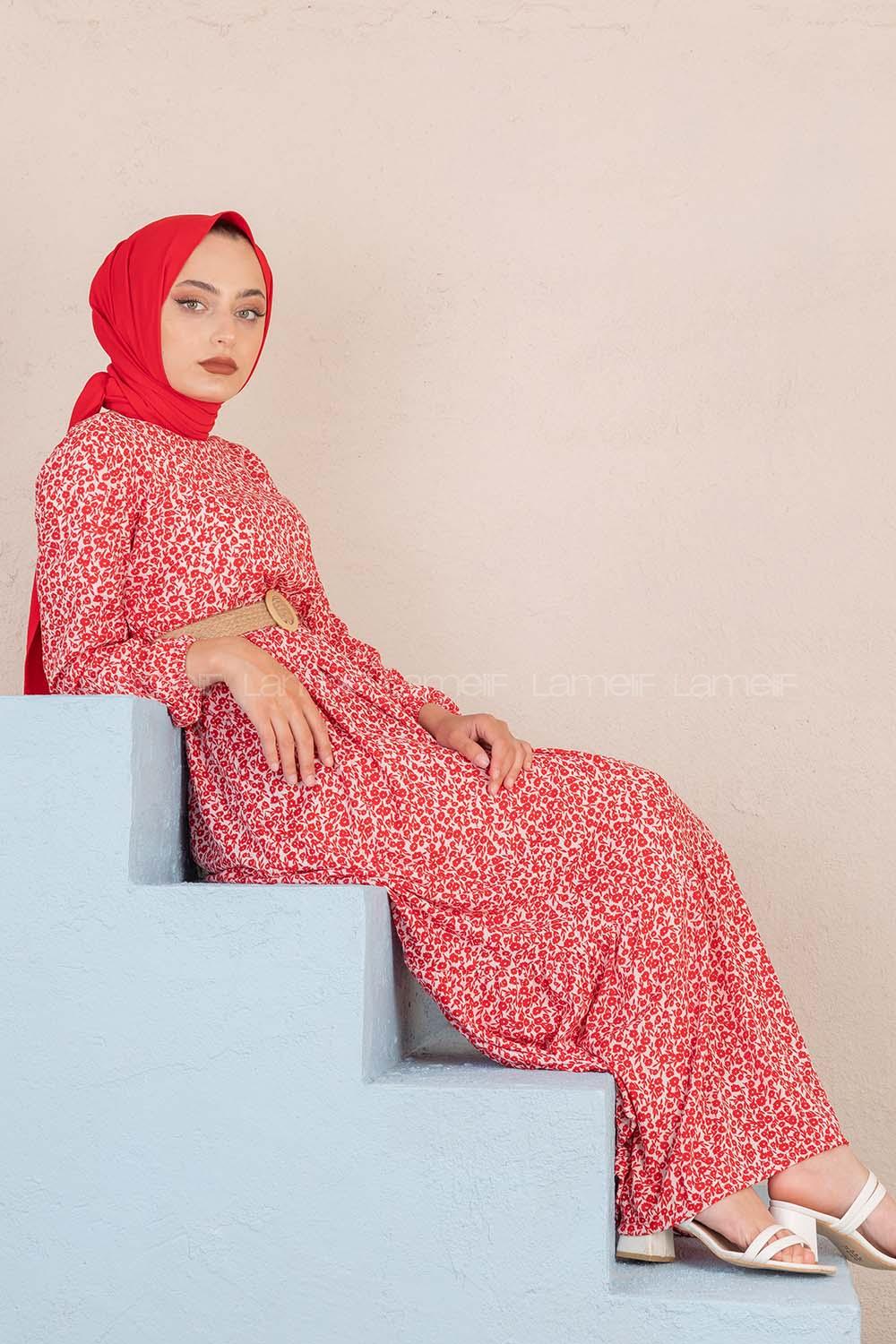 Modalamelif Papatya Desen Hasır Kemerli Elbise Ekru Bordo