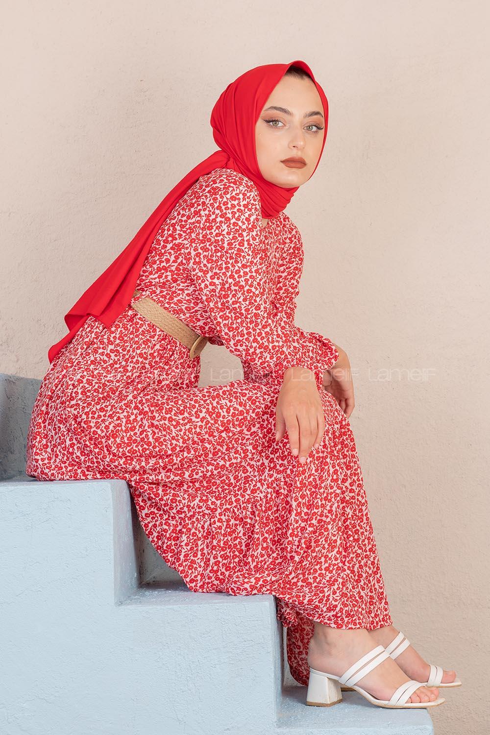 Modalamelif Papatya Desen Hasır Kemerli Elbise Ekru Bordo