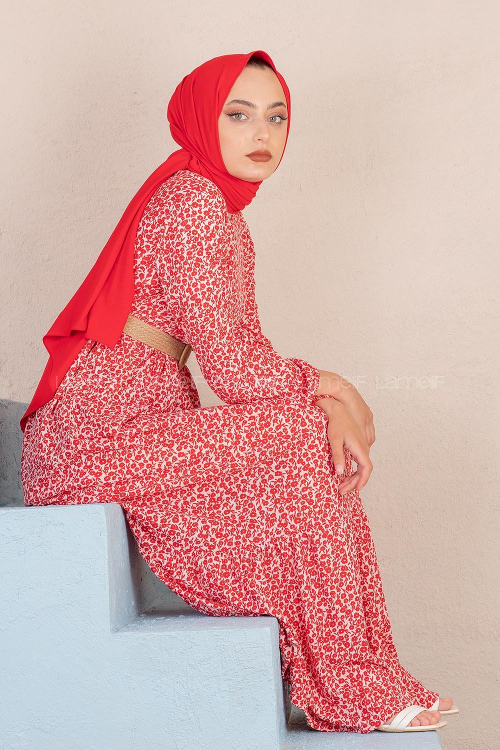 Modalamelif Papatya Desen Hasır Kemerli Elbise Ekru Bordo