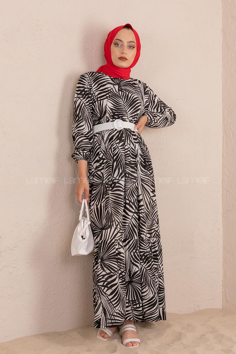 Modalamelif Yaprak Desen Kemerli Elbise Siyah