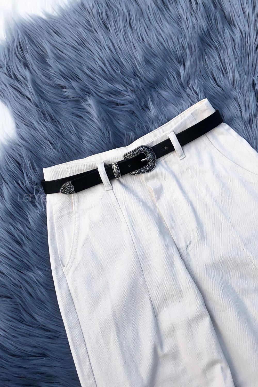 Modalamelif Retro Oyma Gümüş Tokalı Kemer Siyah