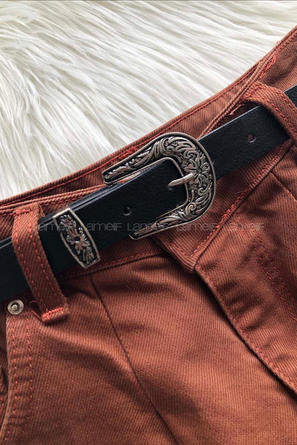 Modalamelif Retro Oyma Gümüş Tokalı Kemer Siyah