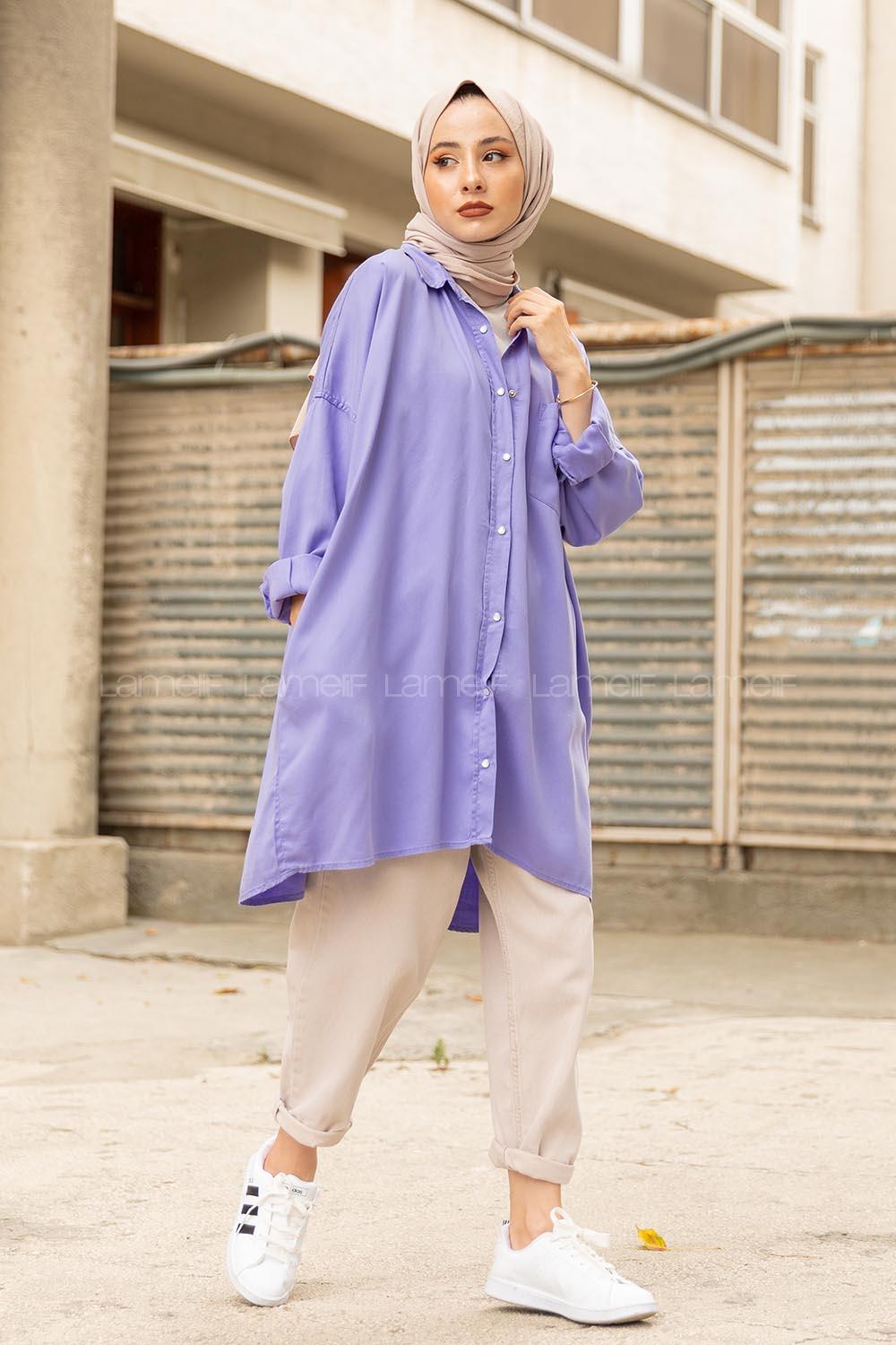 Modalamelif Oversize Gizli Cepli Kot Gömlek Lila