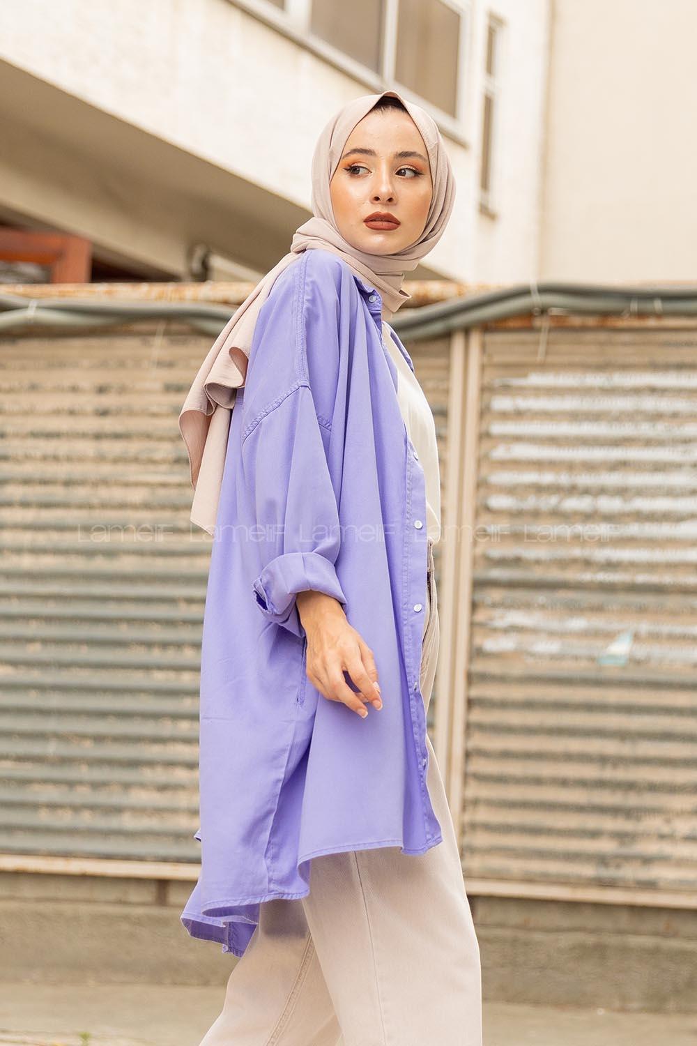 Modalamelif Oversize Gizli Cepli Kot Gömlek Lila