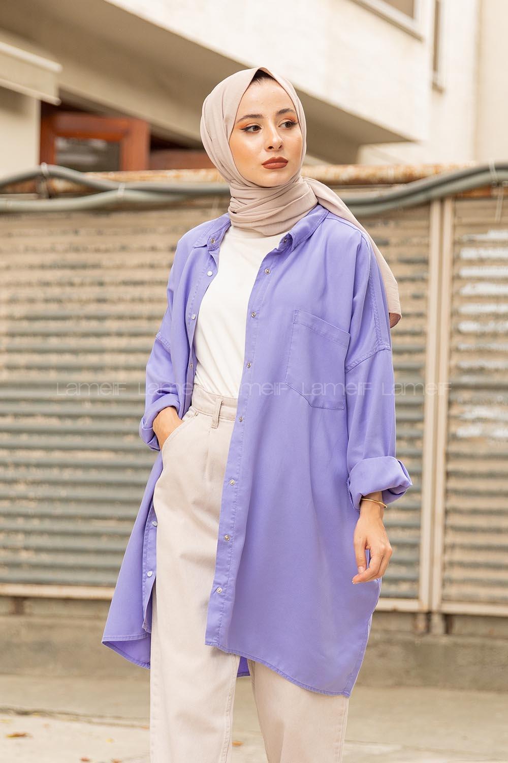 Modalamelif Oversize Gizli Cepli Kot Gömlek Lila