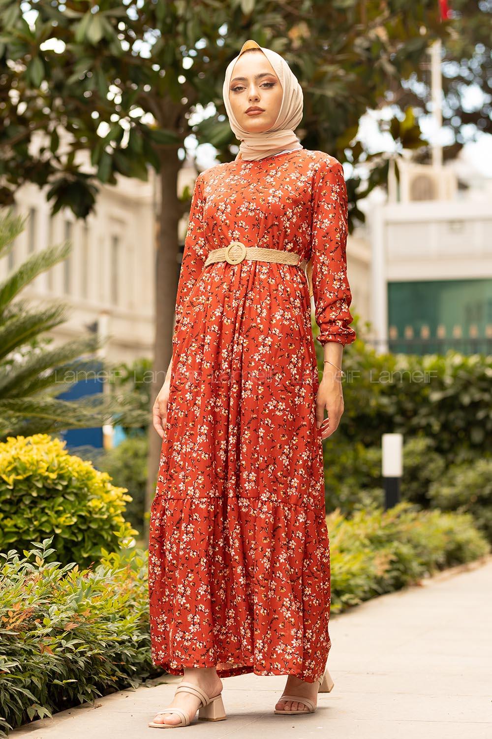 Modalamelif Çiçek Desen Hasır Kemerli Elbise Kiremit
